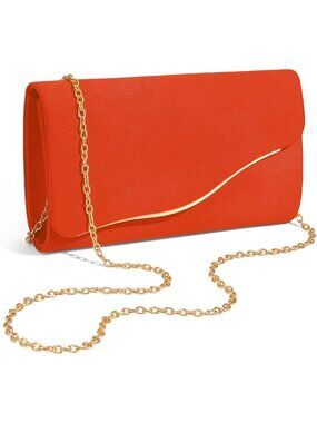 Women’s Orange Formal Clutch Purse Elegant Evening Bag Detachable Chain Strap